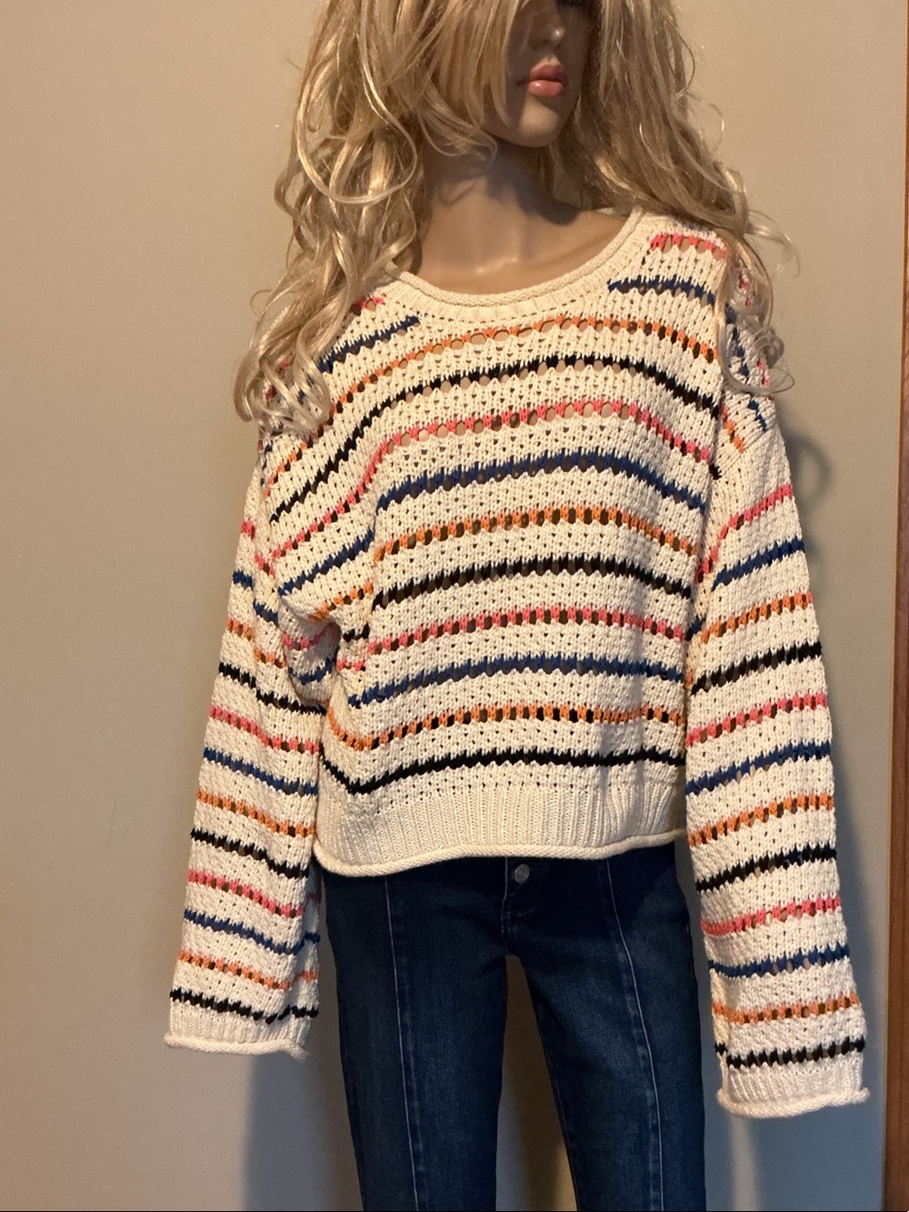 MOTHER Cream Crochet Crew Sweater with Blue and Orange Trim - Picture 5 of 9